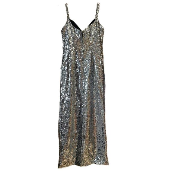 70s 80s Disco Boho Silver Beaded Maxi Prom Dress … - image 2