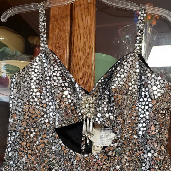 70s 80s Disco Boho Silver Beaded Maxi Prom Dress … - image 3