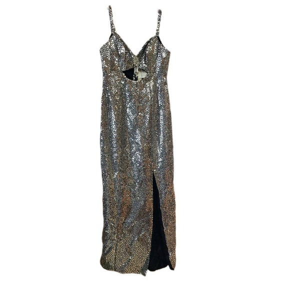 70s 80s Disco Boho Silver Beaded Maxi Prom Dress … - image 1