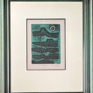 Signed; Guillaume Corneille Eau-forte encadrée L&#39;oiseleur 1953 Numéro 3/20- Atelier Stanley William Hayter