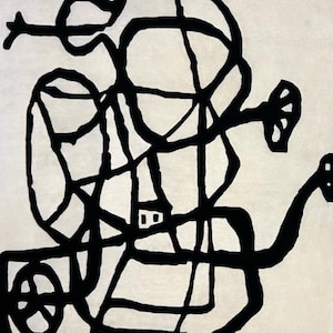 Peut inclure: Impression d'art abstrait en noir et blanc avec un design graphique audacieux. L'impression présente une série de lignes et de formes interconnectées, créant une composition complexe et dynamique.