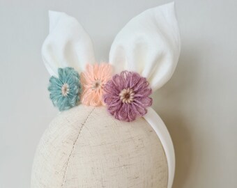 Hoppy Headband - easter headband, linen, wool yarn, bunny ears, girl headband, baby easter, bunny ear headband, easter hair accessory