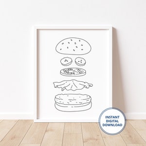 May include: A black and white line drawing of a hamburger, with each ingredient separated and floating in the air. The ingredients include a bun, lettuce, tomato, pickles, and a patty.