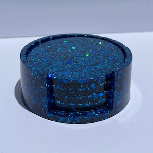 Onderzetters met houder, set van 4 onderzetters, onderzetters van epoxyhars, onderzetters van glitterhars met houder, blauwe onderzetters