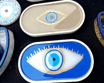 Blue Evil Eye Ceramic Oval Tray. Hand Painted Evil Eye Tray
