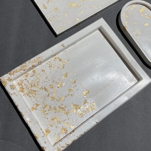Off White/ Beige Concrete Tray With Real Gold Leaf Accents | Available In A Bundle Set w/ Matching Coasters, Statue and Oval Dish