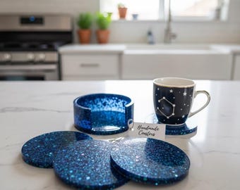 Blauwe glitter epoxyhars onderzetters met houder - set van 4