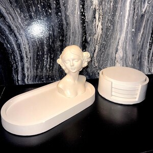 Beige Concrete Set Includes: Oval Tray, Mini Statue & Coaster set of 4, Includes Holder. | Concrete Home Decor | Coaster Set | Jewelry Tray