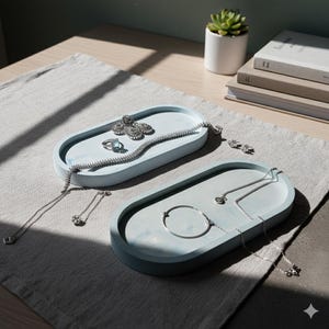 Blue Ceramic Tray, Jewelry Holder, Trinket Dish, Minimalist Home Decor, Oval Concrete Tray.