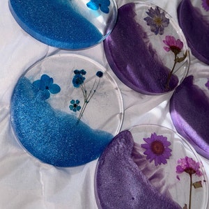 Colored Flower Coasters, Dried Flower Coaster, Coasters sold Individually, Colored Coasters