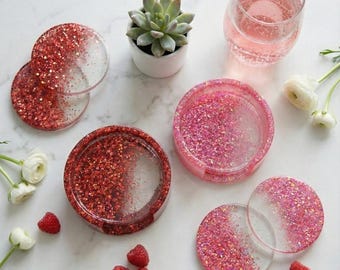 Pink Glitter Resin Coaster Set of 4 | Valentine’s Day Coasters | Handmade Sparkly Drink Coasters | Romantic Home Decor Gift