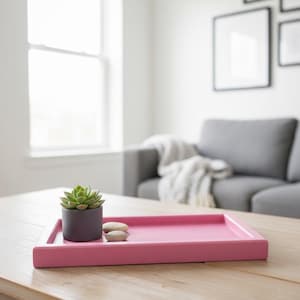 Könnte beinhalten: Ein pinkfarbenes rechteckiges Tablett auf einem Holztisch, mit einer kleinen Sukkulente in einem dunkelgrauen Topf und zwei glatten Steinen. Im Hintergrund sind ein graues Sofa und gerahmte Kunstwerke zu sehen.