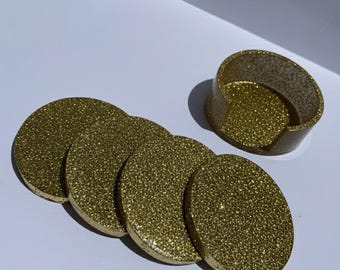 Porta-copos de resina epóxi com glitter dourado e suporte - conjunto de 4