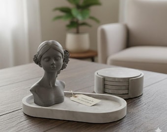 Woondecoratieset grijs gemarmerd beton: set ovaal dienblad, minibeeldje en onderzetter