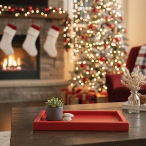 May include: A festive living room scene with a decorated Christmas tree, fireplace, and stockings. A red tray with a succulent and decorative stones sits on a dark wooden coffee table. A vase of dried flowers adds a touch of elegance.