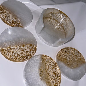 Handmade Epoxy Resin Coaster Set: Pearl White & Real Gold Leaf