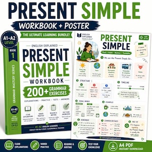 Quaderno di esercizi sul Present Simple + Poster grammaticale / Esercizi ESL di livello A1-A2 (Download in PDF)