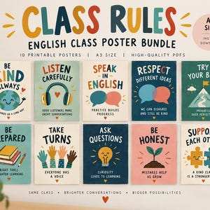 Puede incluir: Un conjunto de diez pósteres imprimibles de tamaño A3 titulados CLASS RULES ENGLISH CLASS POSTER BUNDLE. Cada póster presenta ilustraciones coloridas y texto que incluye Be Kind Always, Listen Carefully, Speak in English, Respect Different Ideas, Try Your Best, Be Prepared, Take Turns, Ask Questions, Be Honest y Support Each Other.