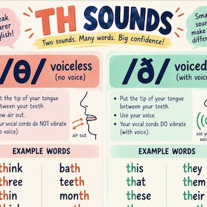 Könnte beinhalten: Ein Lehrplakat mit dem Titel TH SOUNDS mit Abschnitten für stimmlose und stimmhafte Laute. Es enthält Anweisungen zur Zungenplatzierung, zur Vibration der Stimmbänder und listet Beispielwörter wie think, bath, this und they in farbigem Text.