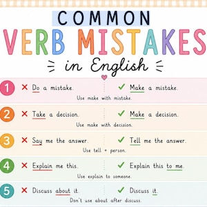 Puede incluir: Un póster educativo titulado Common Verb Mistakes in English con un borde a cuadros claros. Enumera cinco ejemplos que comparan frases incorrectas y correctas, como Do a mistake y Make a mistake, junto con breves notas gramaticales.