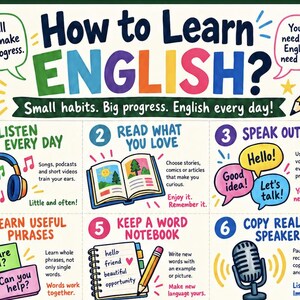May include: An educational poster titled How to Learn ENGLISH? with the subtitle Small habits. Big progress. English every day! It features six numbered steps with colourful illustrations including headphones, an open book, speech bubbles, a microphone, and a notebook with a pencil, providing tips for language learning.