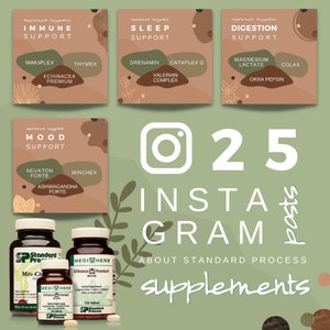 Könnte beinhalten: Eine Collage von Instagram-Posts über Standard Process Nahrungsergänzungsmittel. Die Posts zeigen verschiedene Kategorien von Nahrungsergänzungsmitteln, darunter Immun-, Schlaf-, Verdauungs- und Stimmungs-Support. Das Bild zeigt auch drei Flaschen Standard Process Nahrungsergänzungsmittel: Min-Ch, Echinacea Premium und Echinacea Premium.