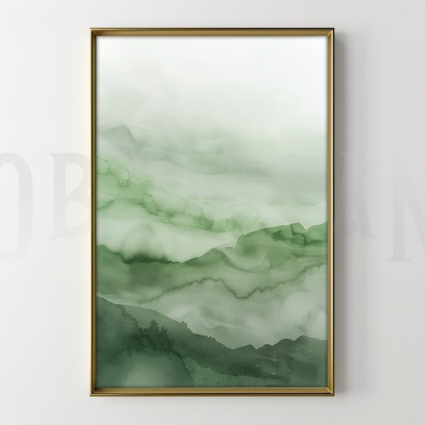 Watercolor Green Hills Watercolor - Serene Landscape Art Print for Relaxing Home Decor