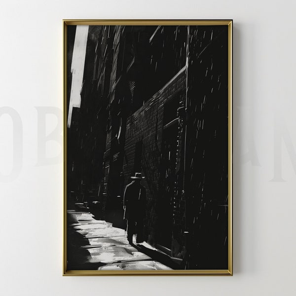 Noir City in the Rain Vintage Art - Rain Dark Moody Art - Vintage Urban Dark Mood Scene - Mystic Art