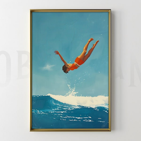 Woman Dive in Ocean - 60s Swimmer in the Sea - Vibrant Summer Ocean Art - Woman Jumping into Ocean