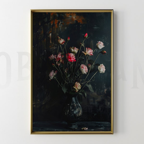 Roses in Vase Vintage Print - Romantic Floral Arrangement Painting - Classic Still Life Wall Art - Botanical Decor - Printable Home Decor