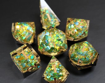 Golden Emerald Geode Dice | 7 Piece Dice Set | Sharp Edge