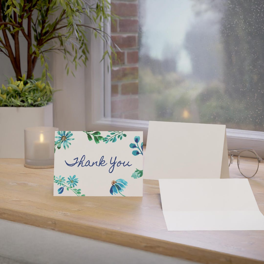 Blue Watercolor Flower Thank You Cards: Elegant Blank Card Set - Etsy