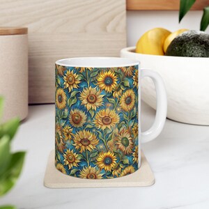Van Gogh&#39;s &#39;Sunflower&#39; Seamless Pattern Mug | 11oz. Ceramic Mug for Coffee or Tea Lovers
