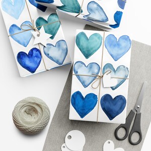 Blue Watercolor Heart Gift Wrap: Eco-Friendly Paper