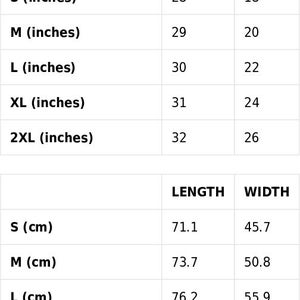 May include: Size guide for a garment with measurements in inches and centimetres. The table shows the length and width of the garment in inches and centimetres for sizes S, M, L, XL, and 2XL.