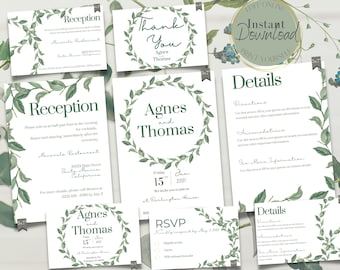 Bohemian Greenery Wedding Invitation Bundle Template, Greenery Eucalyptus Wedding Invitation Set Download 5x7 and 6x4