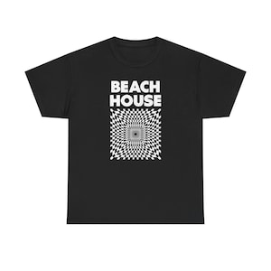 May include: Black t-shirt with white text that reads "BEACH HOUSE" and a white and black checkered pattern.