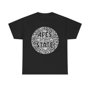 May include: Black t-shirt with a white graphic of a circle with the text "APES OF THE STATE" inside.