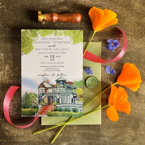 Custom Wedding Venue Watercolor and Custom Invitation Design