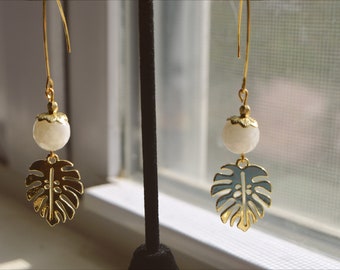 White Monstera Earrings