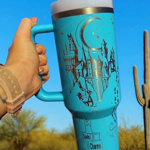 Custom Engraved Wizard Tumbler with Handle | Magical Castle, Spells & Charms Design | 40oz Stanley Style Cup | Gift for Fantasy Fans