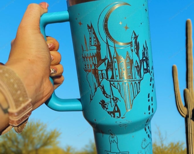 Custom Engraved Wizard Tumbler with Handle – 40oz Stanley Style Cup | Magical Castle, Spells & Charms | Personalized Laser Engraved Gift