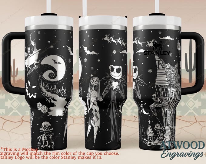Featured listing image: Nightmare Before Christmas Engraved Stanley Tumbler – Personalized Halloween Cup – Custom 20oz, 30oz, 40oz – Laser Engraved Gift