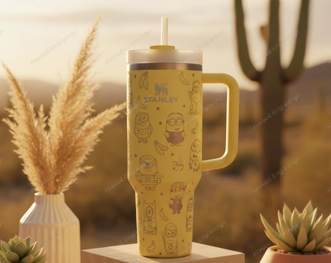 Custom Minions Stanley Tumbler with Banana Engraving - Personalized Laser-Engraved Stanley Cup