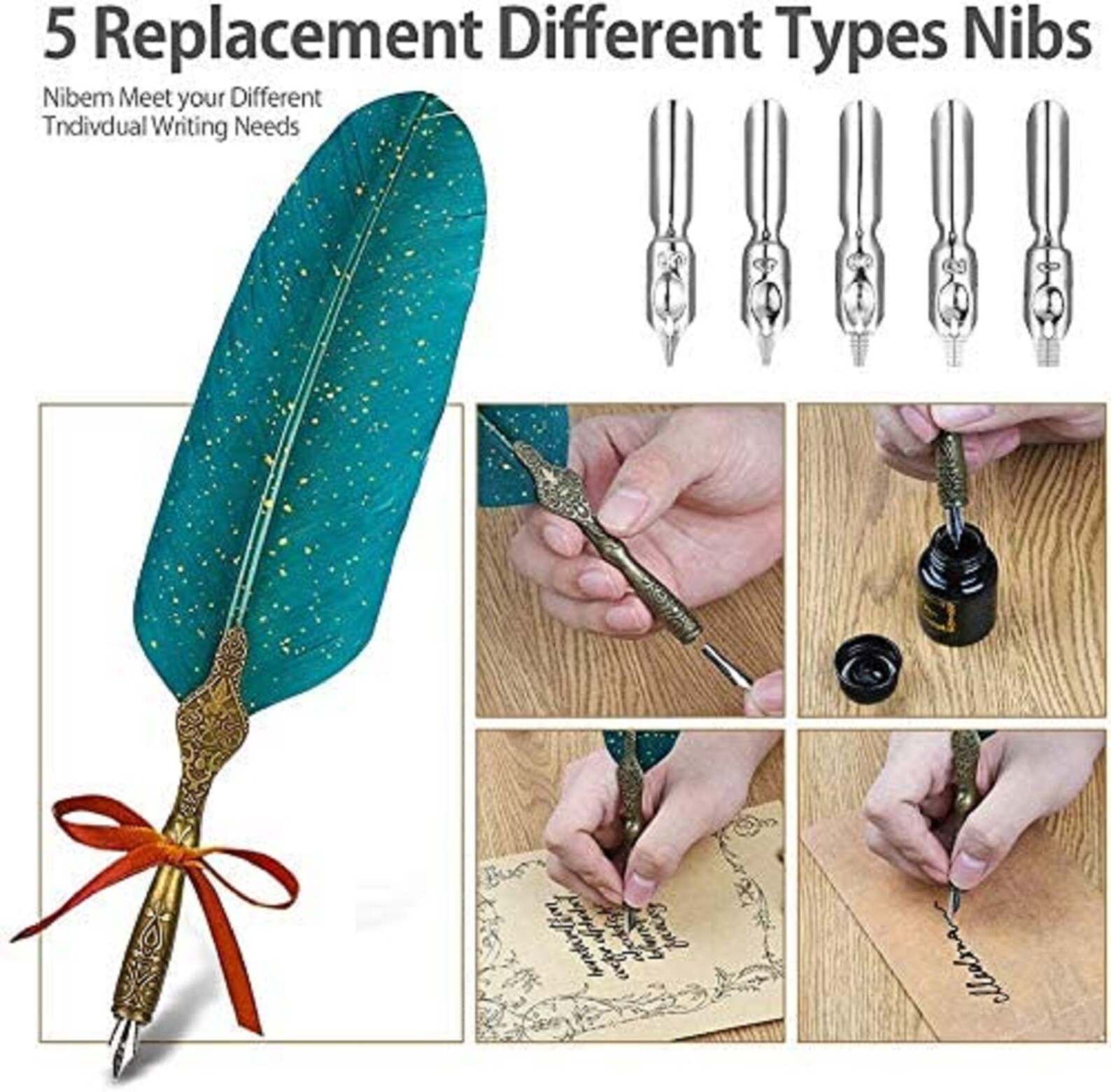 Antique Calligraphy Quill Pen Set With Ink Feather Pen Etsy