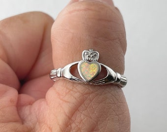 Claddagh Fire Opal Sterling Silver Ring, Irish Ring, Silver Heart Ring, Claddagh Ring, Religious Ring, Opal Ring, Silver Ring, Promise Ring