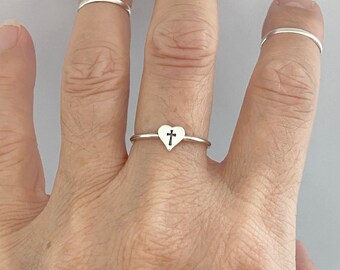 Sterling Silver Dainty Heart Cross Ring: Religious Jewelry