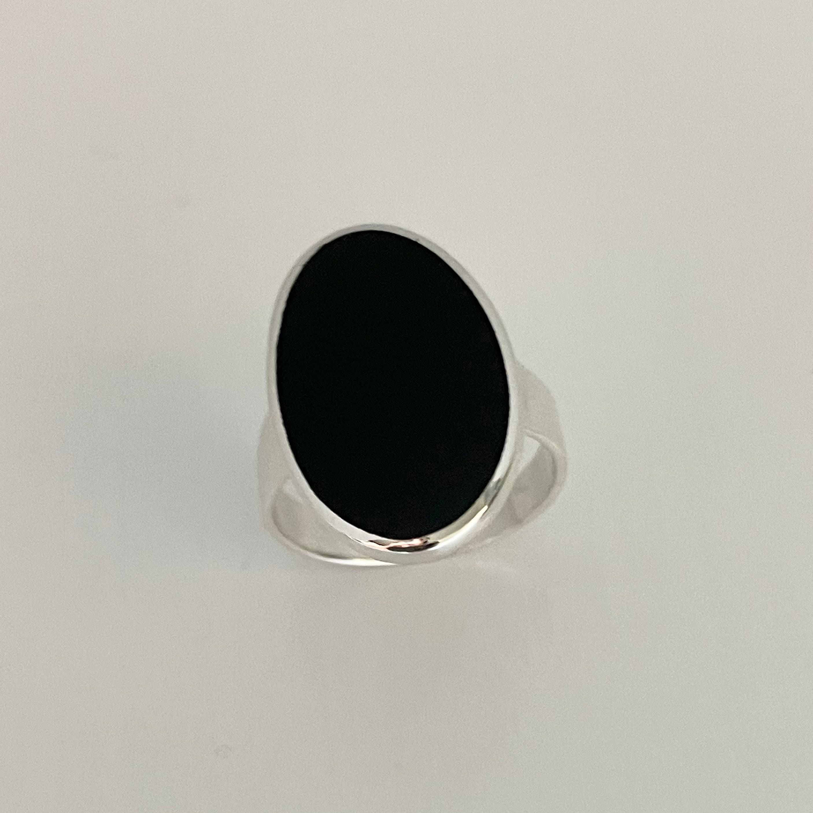 Simple Oval Black Onyx Sterling Silver Ring, Black Agata