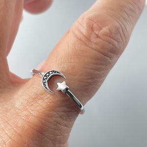 Sterling Silver Star and Moon Ring: Oxidized Celestial Toe Ring
