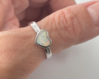 Sterling Silver White Opal Heart Ring: Promise Love Ring